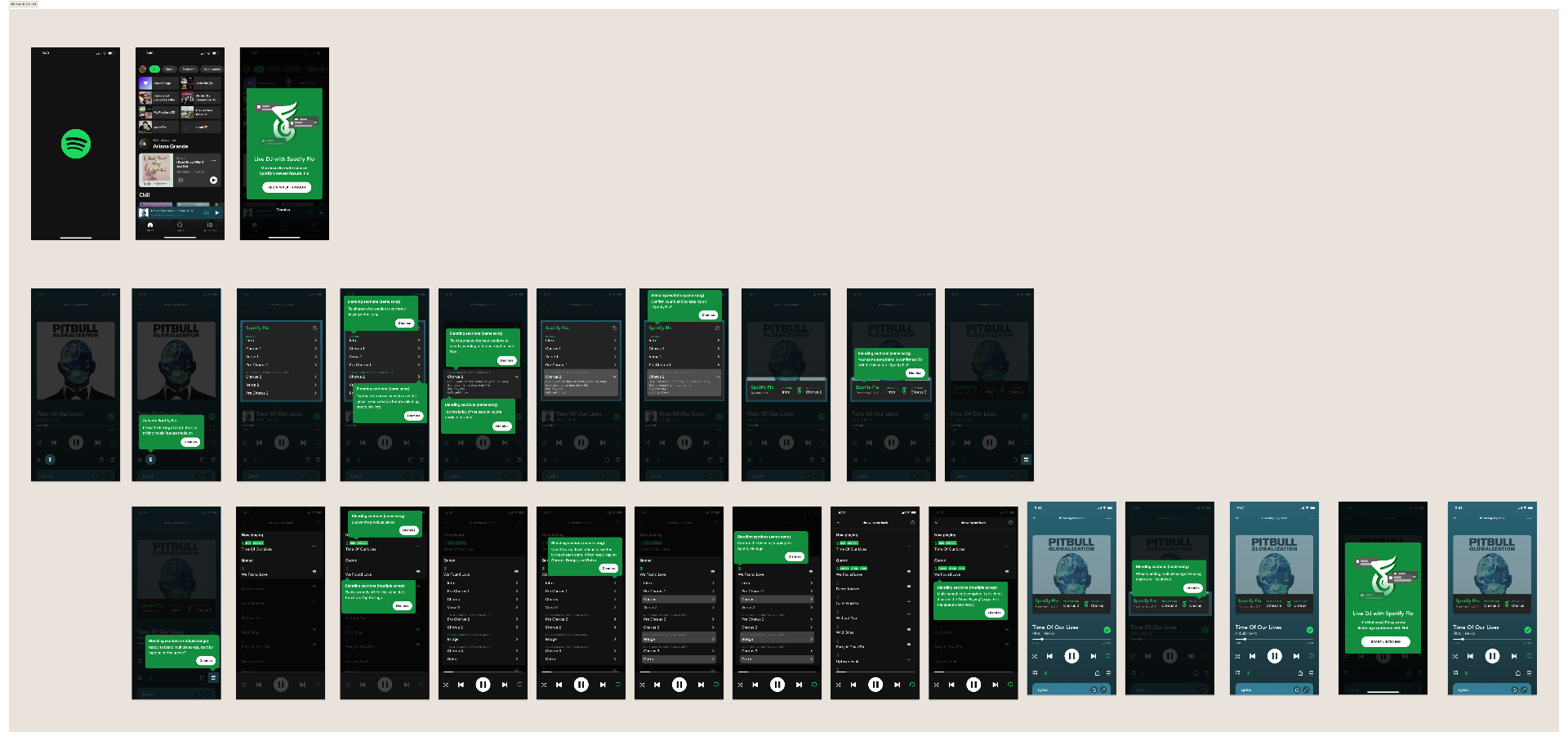 Spotify Flo high-fidelity prototype showing the full app flow across multiple screens including splash, home, now playing with section chips, queue management, blend preselection, and live mixing transitions.